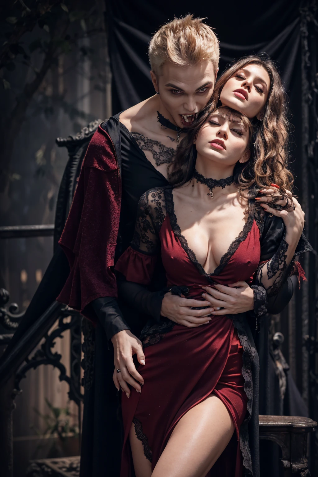 8k, vampire woman, medieval chic dress, complex, elegant, majestic, digital photography, fine detail, realistic, high resolution, romance, man hugs, blood on the face, red lips, sick breasts, passion