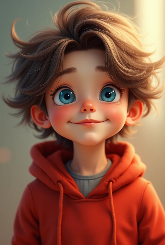11 year old boy with brown hair with dark blue eyes wearing a red jacket