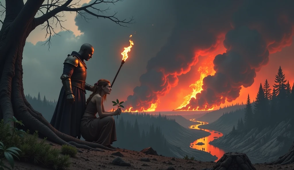 A post-apocalyptic scene symbolizing the destruction of nature and the impact of humankind on the planet. In the background, a dark, heavy sky tinged with red and orange, with clouds of smoke rising from burning forests. In the foreground, charred and broken trees with exposed roots on cracked, lifeless ground. Blackened rivers of oil and pollution flow slowly, reflecting the glow of the flames. At the center, an ethereal female figure (representing nature), dressed in torn white garments, kneeling and holding a withered plant in her hands, tears streaming down her face. Beside her, a shadowy male figure in rusted armor holding a burning torch, symbolizing human greed and destruction. The contrast between the aggressive fire and the last remnants of life is evident. The atmosphere is heavy, dramatic, and full of symbolism, with dark tones and detailed textures to create a sense of despair and urgency. Highly detailed artwork in a dark fantasy style, with dynamic lighting and realistic 