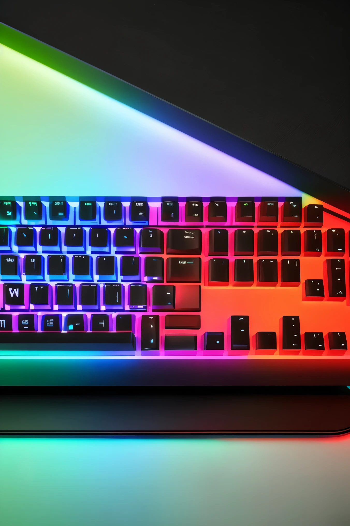  A large RGB gaming mouse pad ,  with illuminated edges in neon colors  (red, green, blue, purple) and an elegant matte black finish . The mat is placed on a gamer desk with a high-performance PC configuration,  ambient LED lights and peripherals such as mechanical keyboard and RGB mouse .  The lighting of the mat vibrantly stands out in a low-light environment ,  conveying a futuristic and high-tech atmosphere .