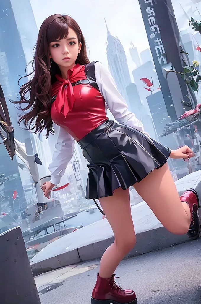 top-quality, masterpiece, (Professional lighting without shadows), A hyper-realistic, Bewitching, perfect anatomia, Two girls, (Girl proudly standing in front of camera shows off high school girl uniform ribbon ties, Another girl on the other side, Bend over and stick your butt out towards the camera), ( Huge breasts:1.2), (Bright and even whitening skin without wrinkles and steps), (Bright beautiful blue eyes with long black eyelashes and red tear bags reflected light:1.5)、 (Braided half-up hair with bangs:1.2), (Her outfit is、Dress up cramped schoolgirl uniform accurately:1.3), (Proudly showing off a crimson ribbon tie from the front:1.2), (Another girl on the other side、To beautifully emphasize the proud ultra mini pleated skirt、Showing off a pose with the buttocks exposed from directly behind:1.3), (Beautiful face squinting in dazzling light:1.4), ssmile, (All clothes are thin, translucent and high-quality shiny,:1.3)