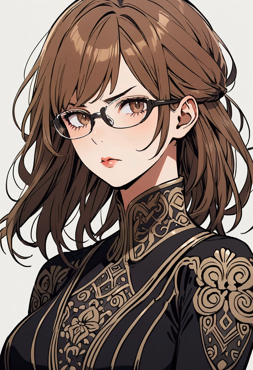  Girl. brown hair with black streaks. Thin glasses.  rugged expression . 