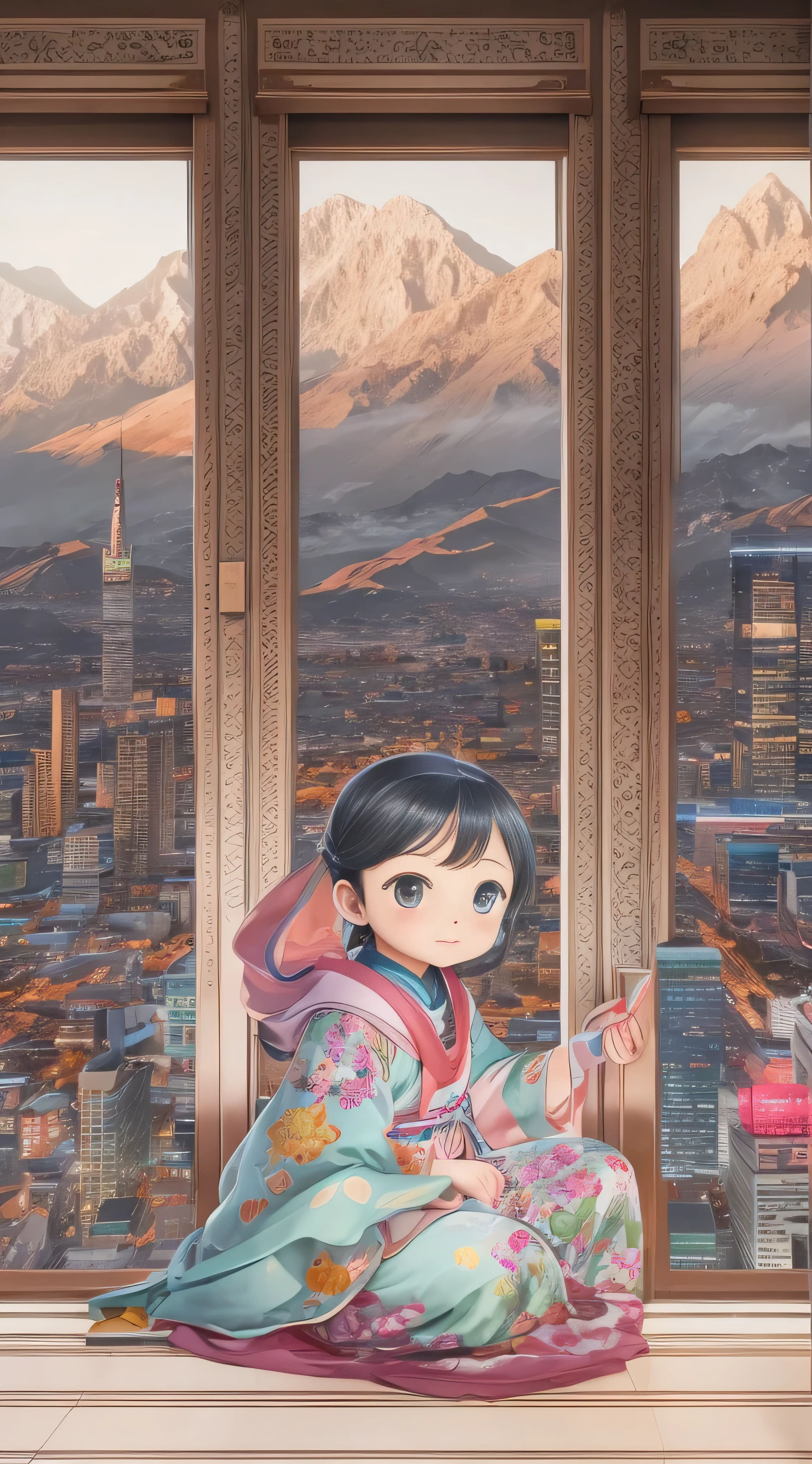  in high-definition images，Mountain at dusk,  with a futuristic city floating in the desert in the background, Low clouds cover the mountains,  realistic +Highly intricate details, Doraemon、Does Shizuka-chan wear colorful clothes, whole body,  two enjoying the scenery 。