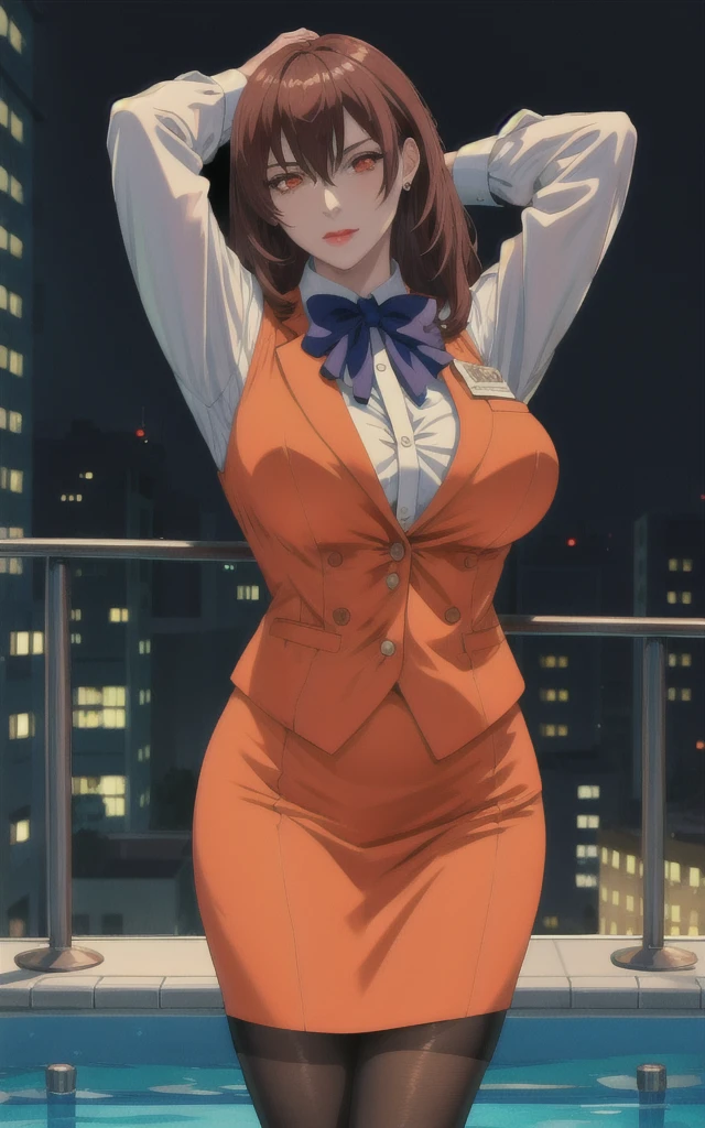 ((masterpiece,  top quality)), Madness,  absurd, Alone,  watching viewers, resting
orange suit _ lingerie _RenaAsaoka_My wife,
 1 girl , Brown Hair,  red eyes,  long hair, lipstick,  earrings, compensate, lips, bangs,  hair between eyes,  Big Breasts ,  shiny hair , 
 orange vest right after running, Name tag, vest,  blue ribbon,  Long Sleeve ,  pencil skirt,  bow tie,  sheer legwear, formal,  white shirt, OL,
( contrast post ,  arms behind head), neon_Light, cityscape,   knight , Pool,  outdoor,  is written by 
,