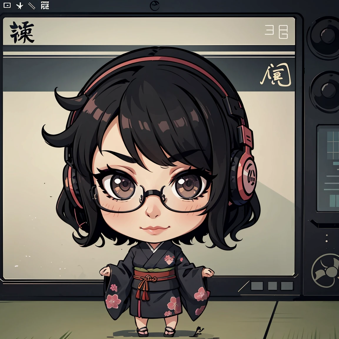 Japanese woman, one person, black wavy hair, semi-short hair, wearing glasses, Front facing, gaming headset, full body image, black Japanese-kimono, icon, chibi, kawaii, smug face, 