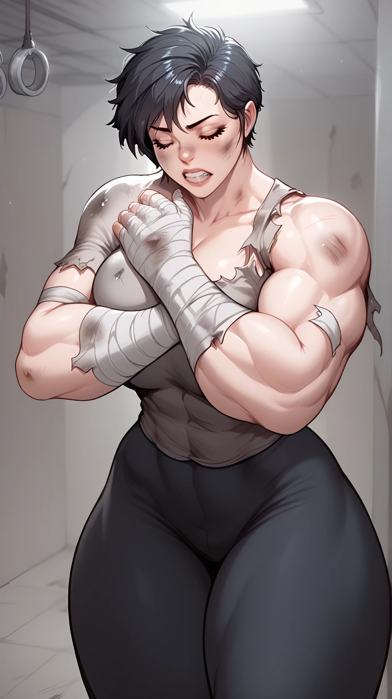 A huge tall muscular woman with black short hair, wearing a dirty ripped clothes, being held inside a dirty jail, bandages on arms, bruises, grits her teeth, eyes closed, head down. 