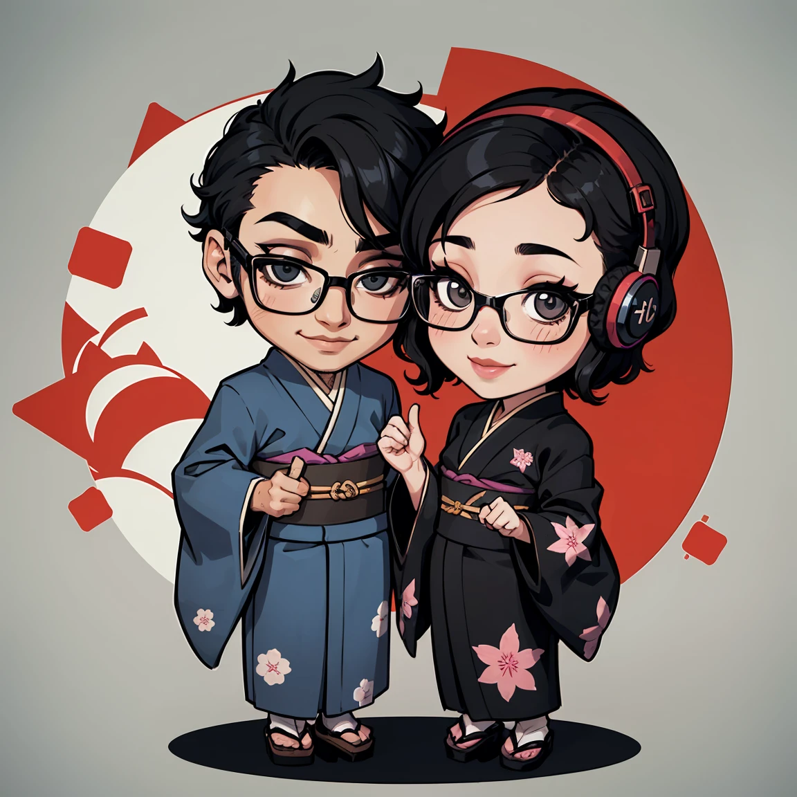 Japanese boy wearing black suit and Japanese girl wearing black Japanese-kimono, one person, black wavy hair, semi-short hair, wearing glasses, Front facing, gaming headset, full body image, icon, smiling, chibi, kawaii