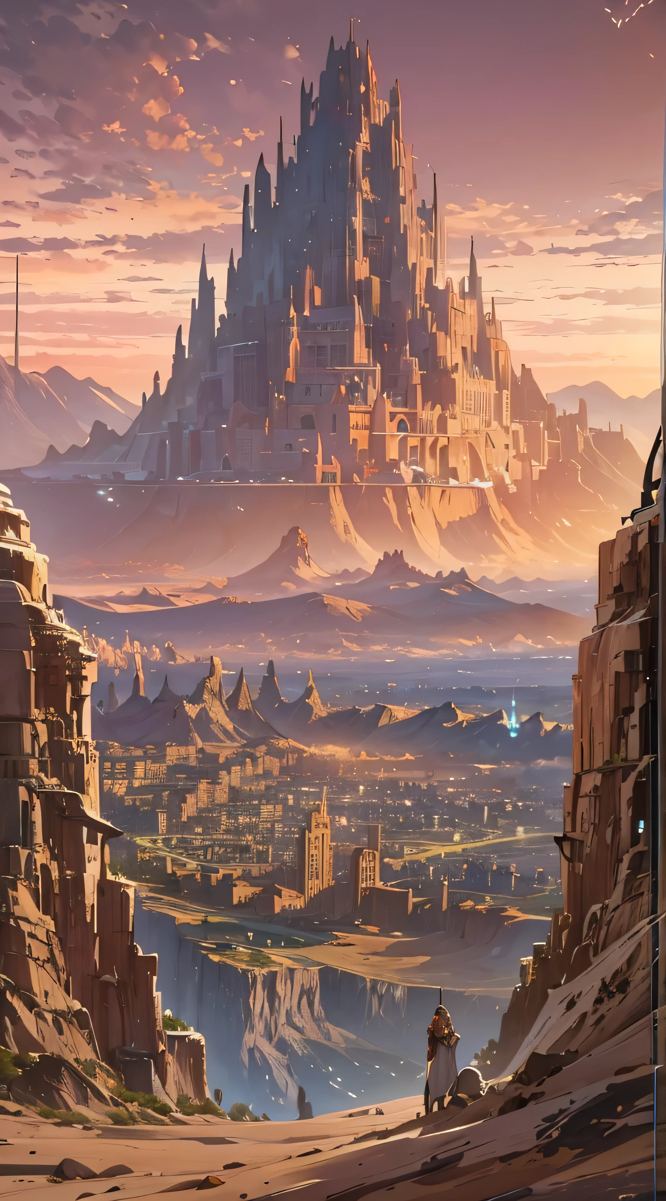  in high-definition images，Mountain at dusk,  with a futuristic city floating in the desert in the background, Low clouds cover the mountains,  realistic +Highly intricate details, The townscape is surprisingly close, whole body,  two enjoying the scenery 。