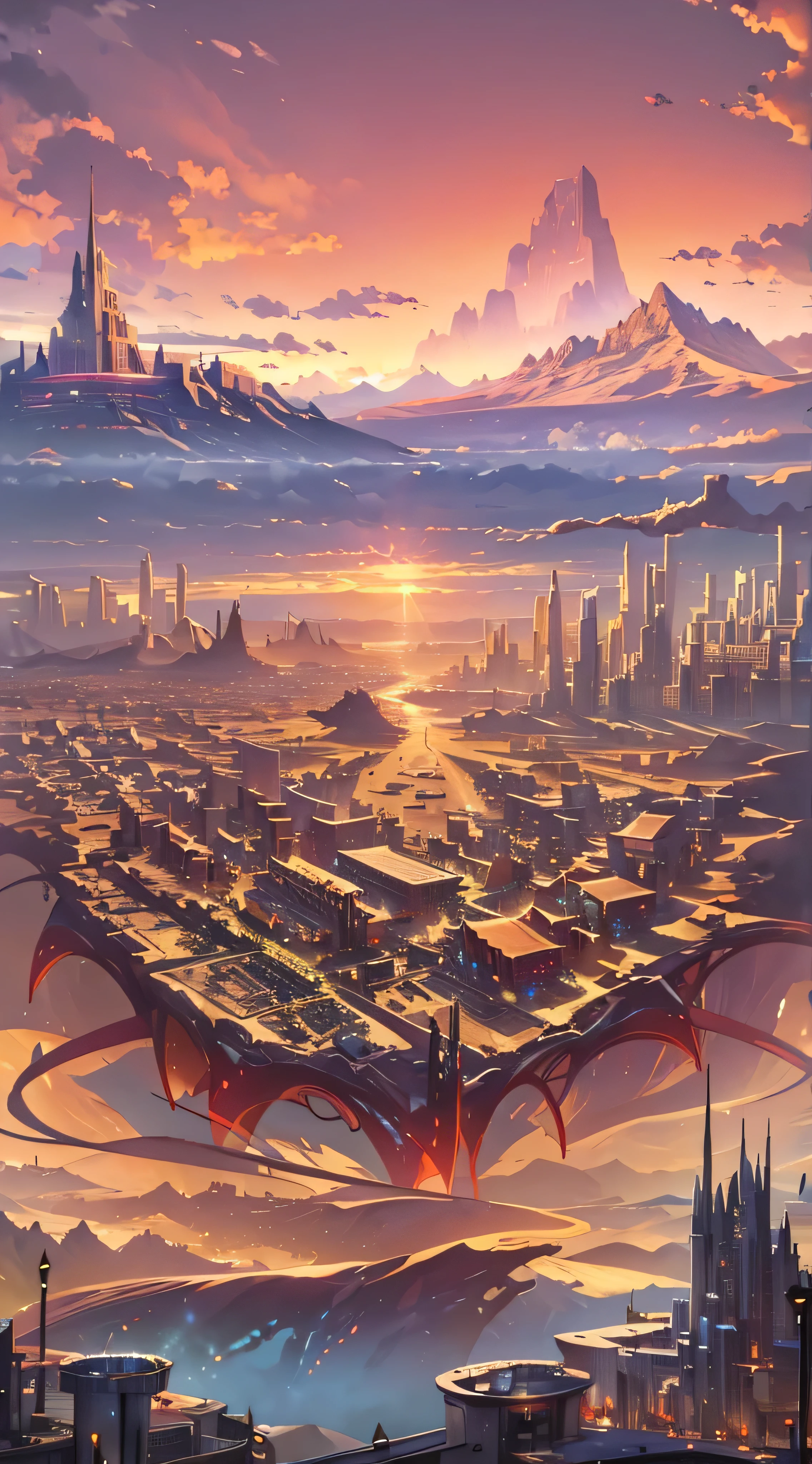  in high-definition images，Mountain at dusk,  with a futuristic city floating in the desert in the background, Low clouds cover the mountains,  realistic +Highly intricate details, The townscape is surprisingly close, whole body,  two enjoying the scenery 。