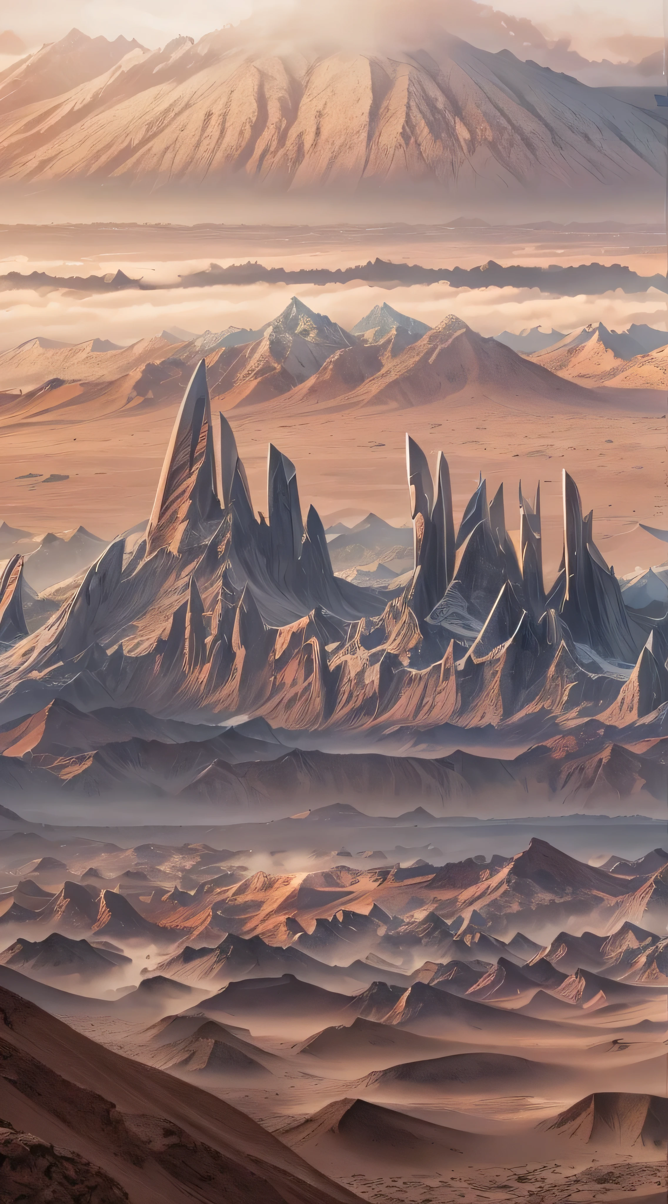  in high-definition images，Mountain at dusk,  with a futuristic city floating in the desert in the background, Low clouds cover the mountains,  realistic +Highly intricate details, The townscape is surprisingly close, whole body,  two enjoying the scenery 。