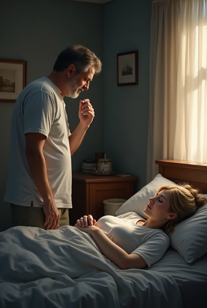 Sick man in bed with a girl 