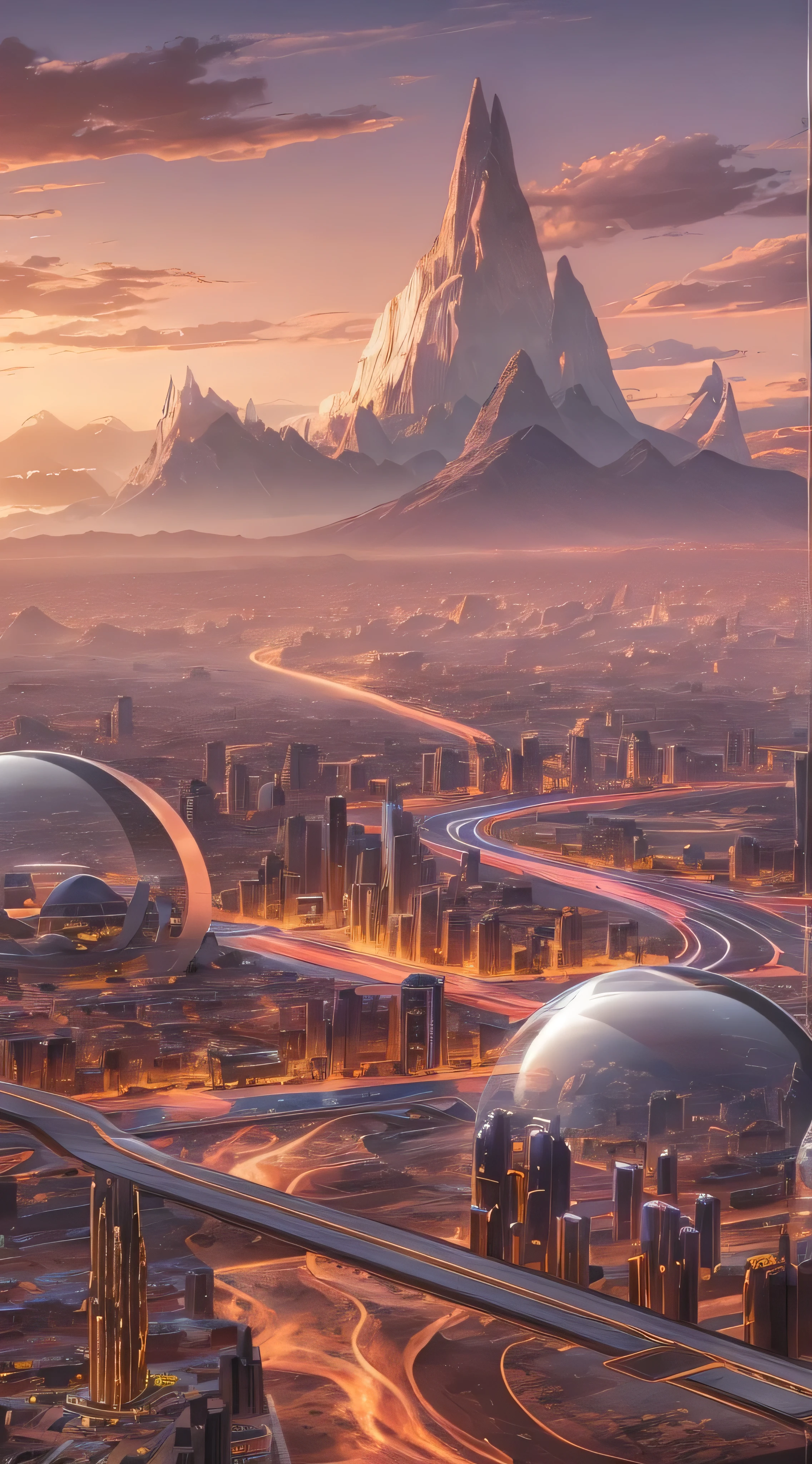  in high-definition images，Mountain at dusk,  with a futuristic city floating in the desert in the background, Low clouds cover the mountains,  realistic +Highly intricate details, The townscape is surprisingly close,