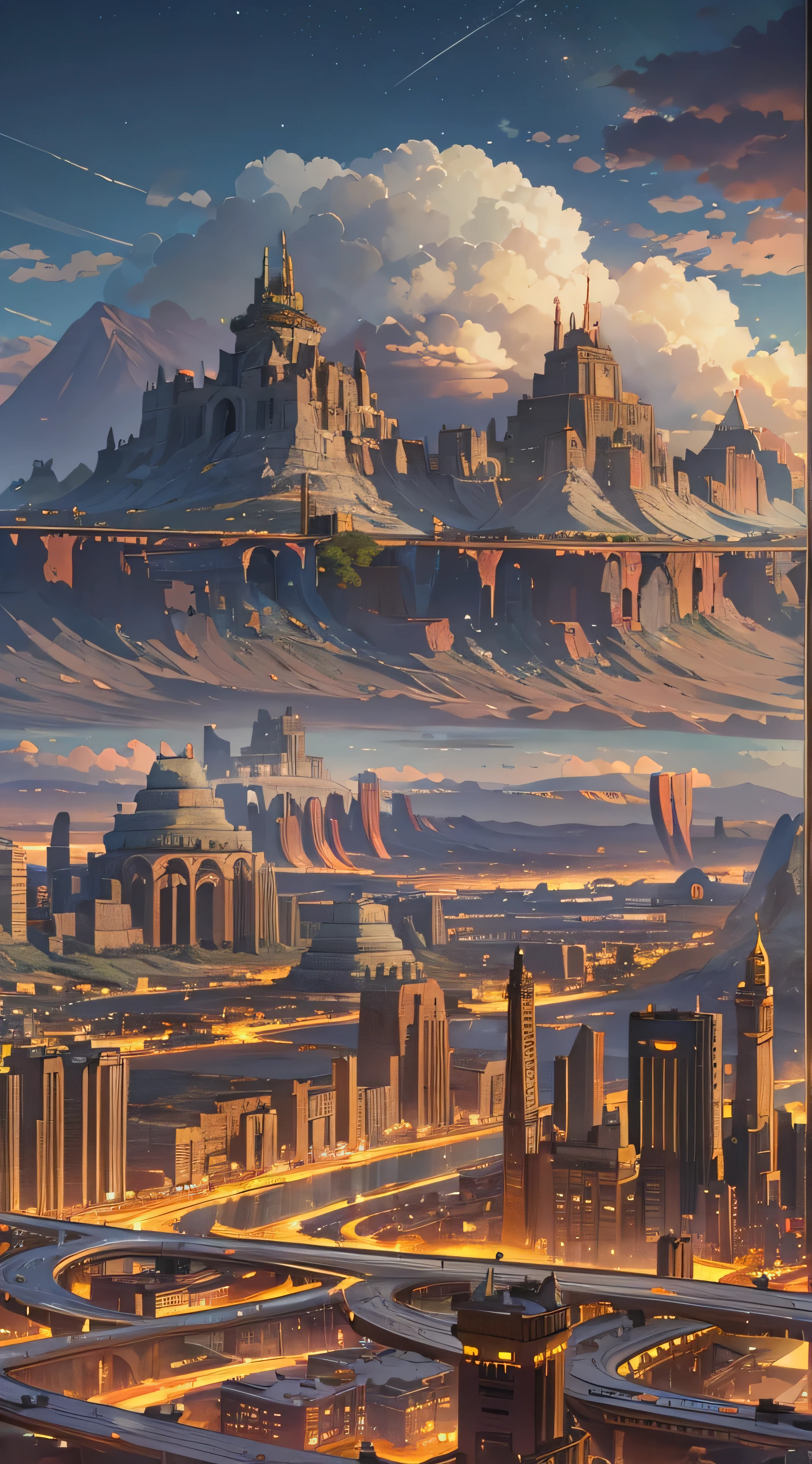  in high-definition images，Mountain at dusk,  with a futuristic city floating in the desert in the background, Low clouds cover the mountains,  realistic +Highly intricate details, The townscape is surprisingly close,