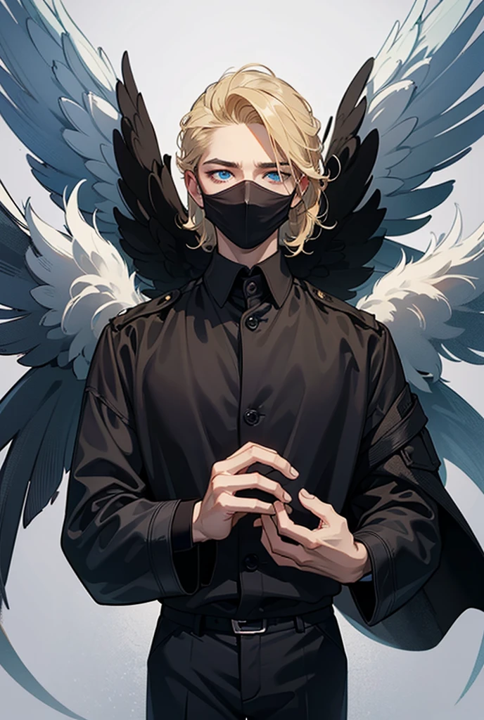 a boy, man, 25 years, smooth face, roasted fine. frown, Focus on the eyes ,  wild blue eyes . dark clothes,  mask covering mouth and nose , Lightly messy blonde hair ,  black clothes , overcoat black, Loose black shirt,  and pants ripped black .  Giant angel wings covering the sides to protect the body and taking over the scenery. scenario:  with no people around.  An abandoned military training camp .  Perspective as if they were looking down at you . powerful aura.

five fingers, well dressed,  Penetrating look , eyes aligned, beautiful eyes,  perfect eyes.  in a serious face, High revolution, Necessary, detail