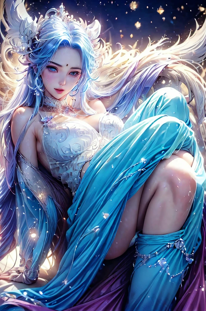 A beautiful woman, white long hairs with light blue highlights, have light blue eyes, with a light blue makeup, she's have light blue earings with light blue crown, sexy with a nice body with huge ass and huge breasts, she's using a light blue bodysuit with long white boots and long white gloves
