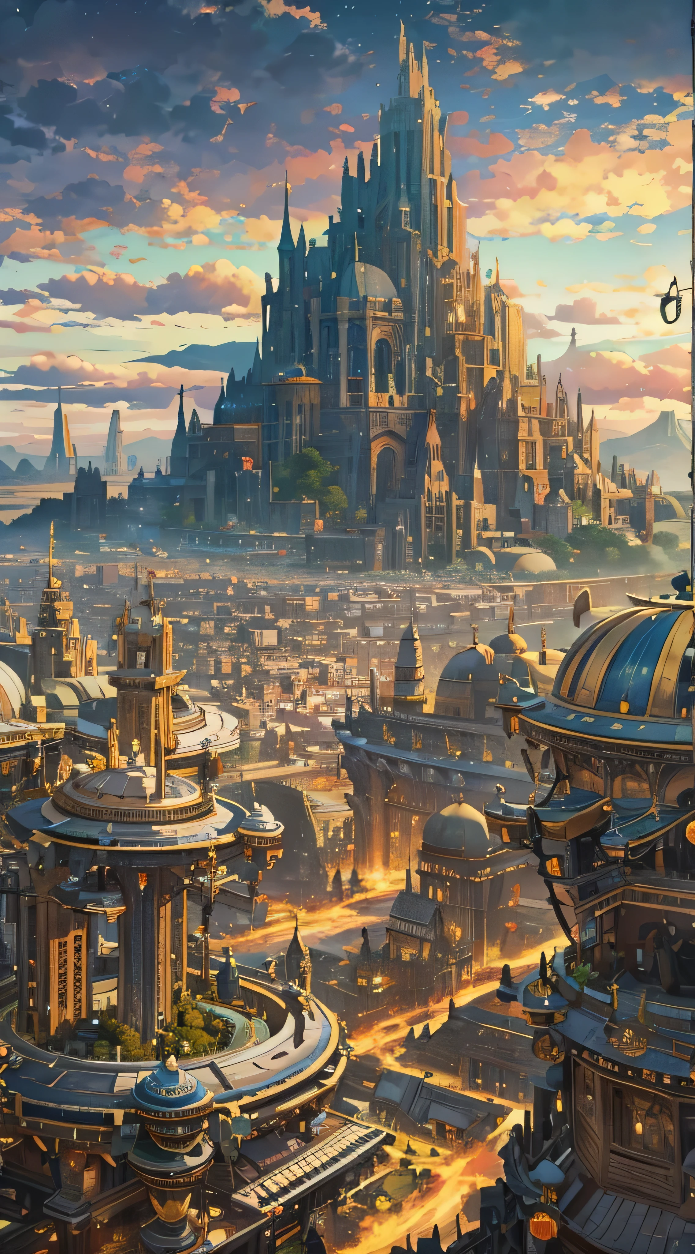  in high-definition images，Mountain at dusk,  with a futuristic city floating in the desert in the background, Low clouds cover the mountains,  realistic +Highly intricate details, The townscape is surprisingly close,