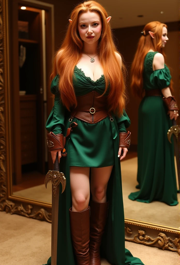 Full body portrait of francescacapaldi, she has long straight red hair, her hair is slicked back, her hair is pulled behind both ears, she has a lace braid across her hair, she is 5 feet tall, she has a skinny petite body, she has a 28DDD breast size, she is wearing a green long sleeve slim dress, she is wearing a brown leather armor, she is wearing brown leather knee high boots , she is wearing brown leather gauntlet wristbands, she has elvish ears, she has a pointy tip in her ears, her ears are showing, her pointy ears can be seen through her hair, she has an elvish sword in her hand, she has her corset over the dress, she posing seductively, she has her arms at her side, she is in front of a luxurious mirror, she has a seductive expression, the background is a mirror with a luxurious walk in closet.