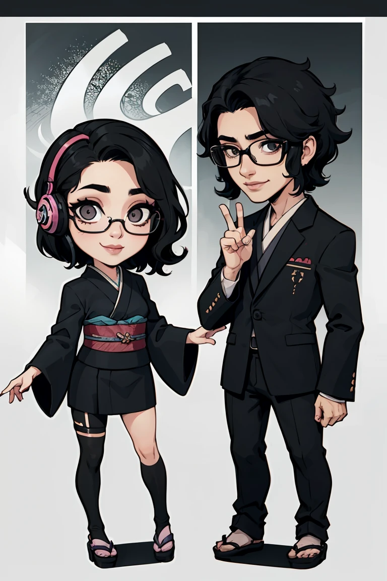 Japanese boy wearing black suit and Japanese girl wearing black Japanese-kimono, one person, black wavy hair, semi-short hair, wearing glasses, Front facing, gaming headset, full body image, icon, smiling, chibi, kawaii