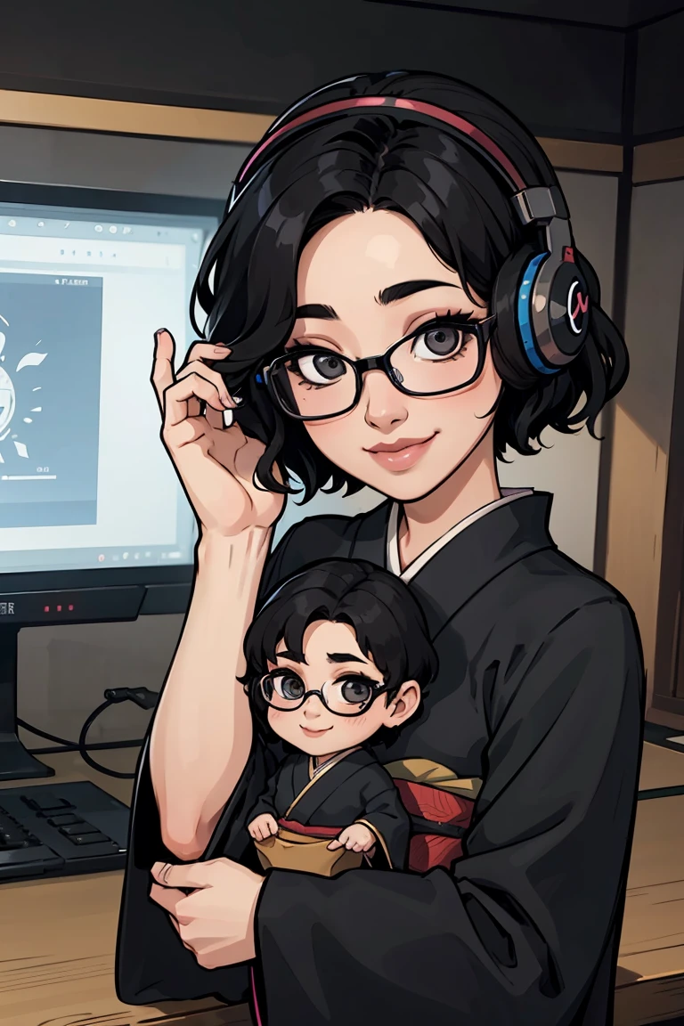 Japanese boy wearing black suit and Japanese girl wearing black Japanese-kimono, one person, black wavy hair, semi-short hair, wearing glasses, Front facing, gaming headset, full body image, icon, smiling, chibi, kawaii