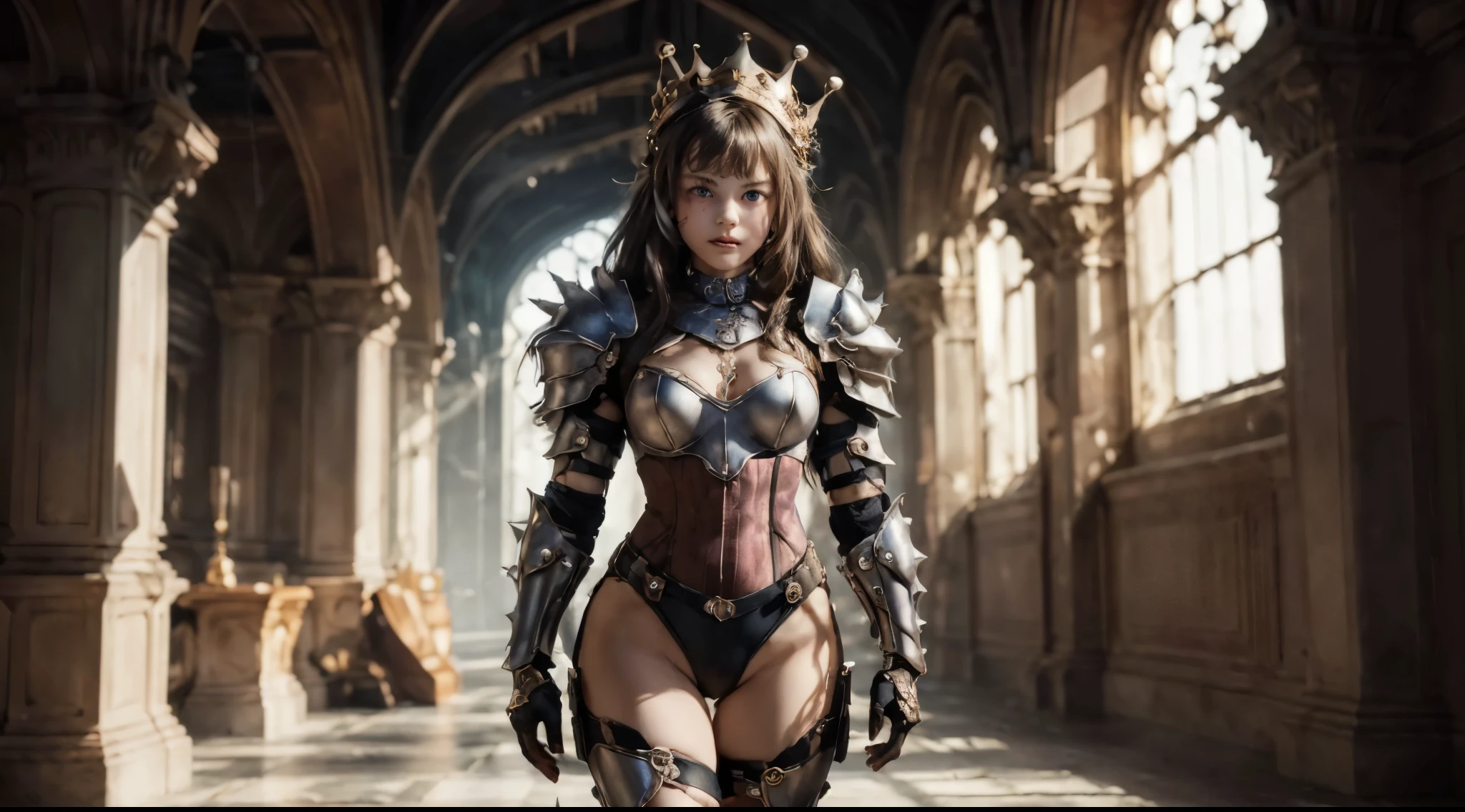 girl, (young, early teen, cute:2.0), breasts, sexy leotard armor, thighs, thigh high armor, (lace trimms), shoulder guard, arm guard, armor glove, (intricate armor details), long hair, bangs, straight hair, spiky crown headpiece, leather belt, indoors, armory room, interface headset, red bodysuit, 