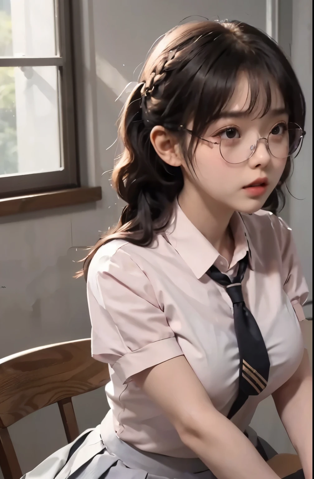 (Best Quality,4K,High resolution:1.2), Ultra-detailed, Realistic portrait, Best Quality, (outside japanese high school), (passionate scene),one very young looking high school girl, (intense emotion), (innocent look, pink ,white and black school uniform), ((cute face, showing full body)), (perfect long legs, high waist mini pleated skirt, tight shirt), large brown eyes, long black hair, pigtails, cute smile, rose cheeks, muscular abs tiny body, tiny waist, large bows and ribbons in hair, (large round black rimmed glasses), ((tights, looking up at camera)), (lying in bed)