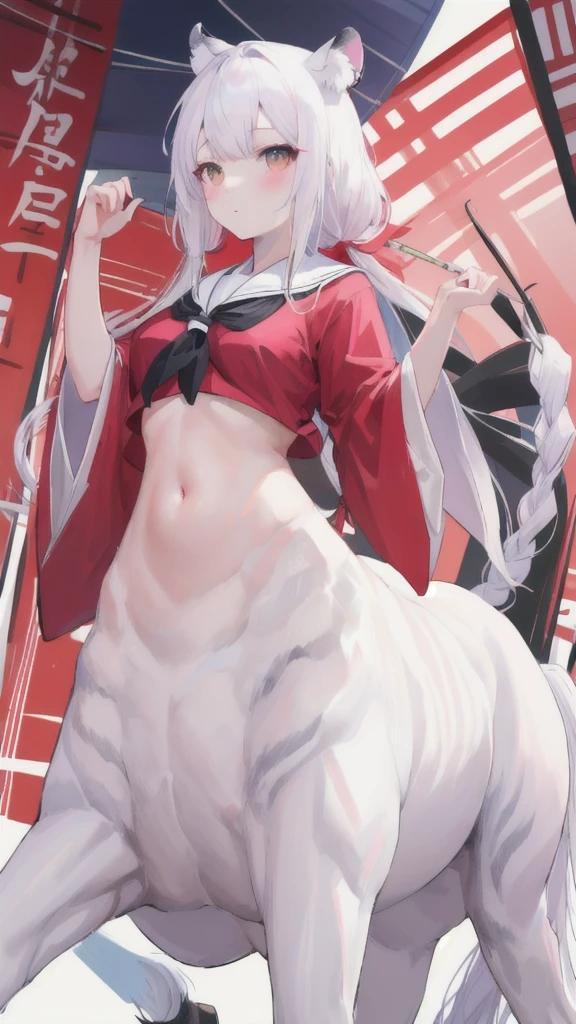 (fluffy anthro furry :1.6),(young :1.6),white rabbit girl,small breasts,red eyes,white long hair,wavy hair,messy hair,white rabbit ears,white rabbit tail,white body fur,glasses,red ribbon bowtie,red ribbon hairpin,red bracelet,red onepiece swimsuit,huge sakura pond,sakura garden,looking at viewer,shy face,smile,open mouth,heavy breath,full face blush,sakura petals floating in the wind,sparkling eyes,glistering eyes,shy pose,legs in water,back view,buttlock, massive butt, huge fat ass, wide hips, fat hips,