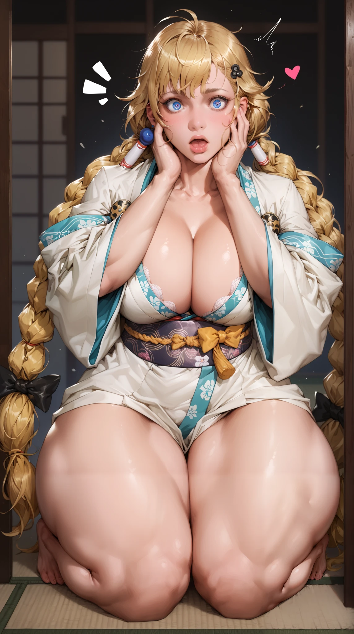 kuna2, A woman, large breasts, earrings, very long hair, hair over shoulder, low twintails, multiple braids, hair tubes, hair low bow, black bow, blue eyes, glowing pupils, blonde hair, kimono, fallen sleeves, detailed eyes, long eyelashes, heart shaped lips, surprised expression, open mouth. senos enormes, bottomheavy, gigantic ass, massive thighs,(obra maestra, altamente detallado, la mejor calidad, 8k), detailed feet, subsurface scattering, tatami, standing, hands on face, front view, looking up