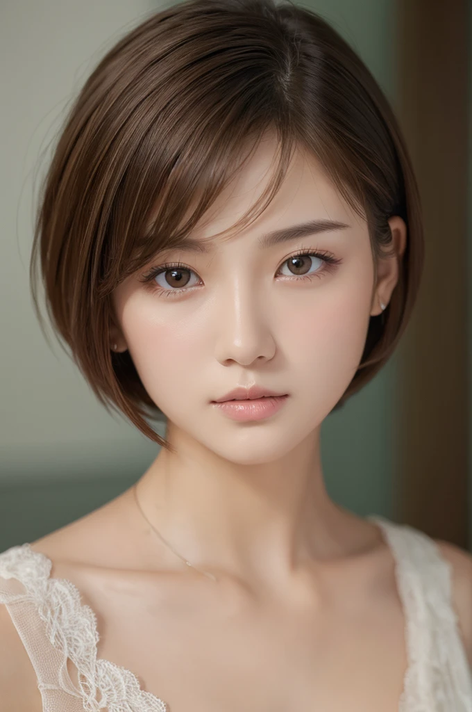 1 Female, (Close-up of face:1.5), perfect body, Light brown hair, Short Hair, Ultra Fine Face, Thin face, Delicate lips, (Beautiful Eyes:1.5), Light blush, eyes are light brown,Have a look at this, Ultra-thin needle, Very thin fingers, (topless:1.3) ,First Person View, 8k, Tabletop, Hmph, Super Detail, high quality, 最high quality, High resolution,