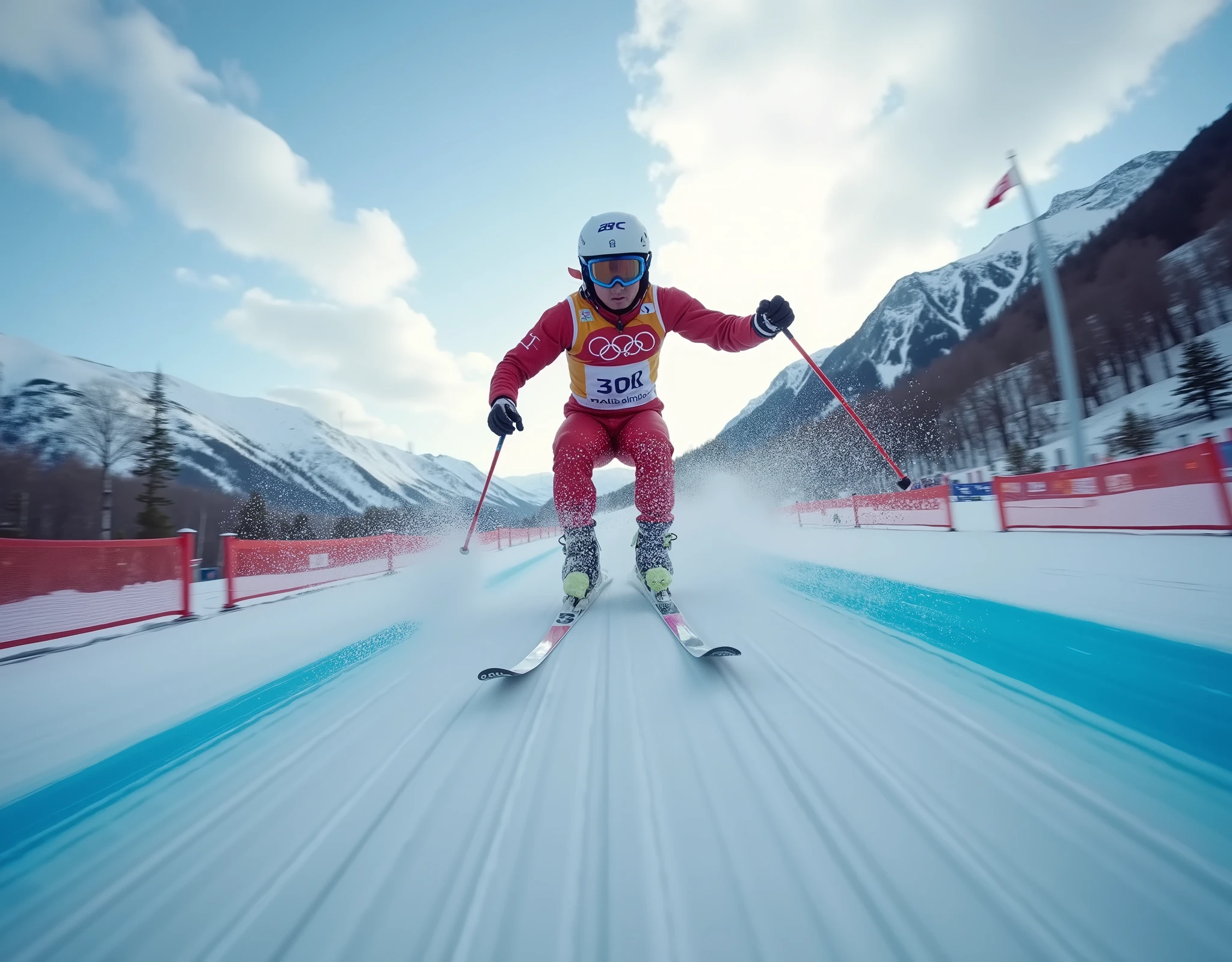 8k、16k,Swoop,Nordic ski jumping, ski jumping platform,Glide,( Athlete's Perspective ),( motion blur :2.0 ),Shot with go pro hero8