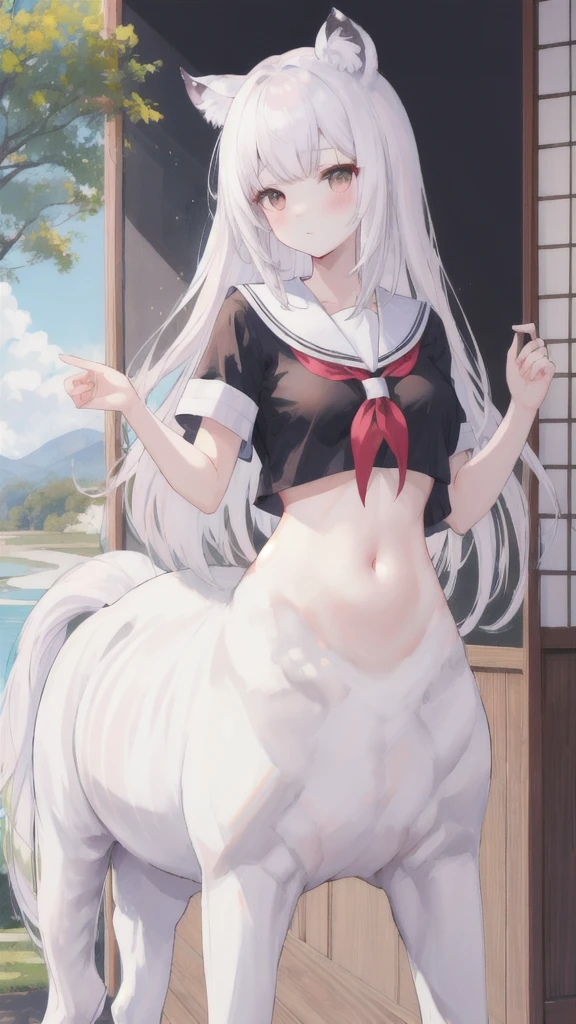 (best quality, masterpiece), 1 girl, centaur, I beg, White skin, Japanese schoolgirl,daughter,black pink, exposing the abdomen, belly button t-shirt , beautiful girl perfect, White tiger photo, 완벽한 White tiger photo