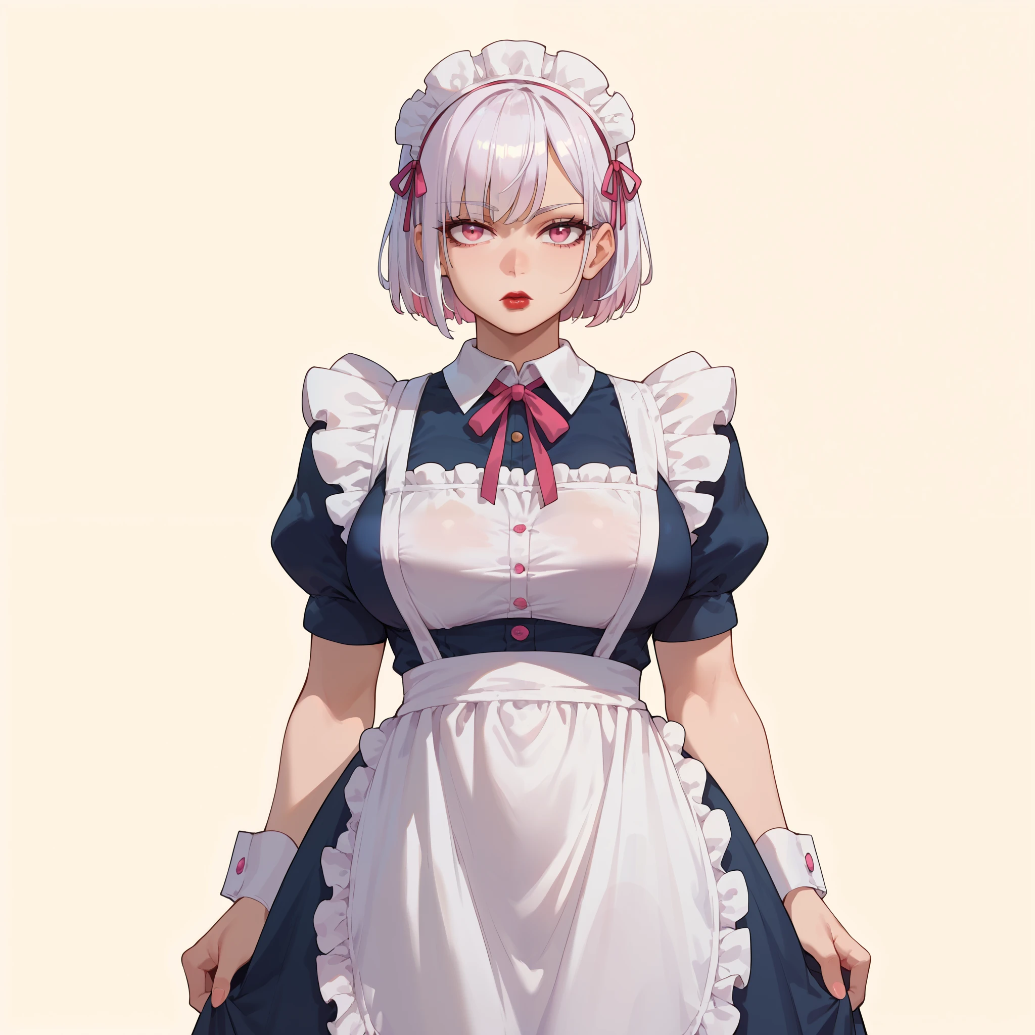 1girl, solo, short white hair, pink eyes, full lips, red lips, big breasts, wide hips, thighs, maid, maid apron, maid headdress, puffy sleeves, expressionless face, standing, looking at viewer, simple background, from the front view