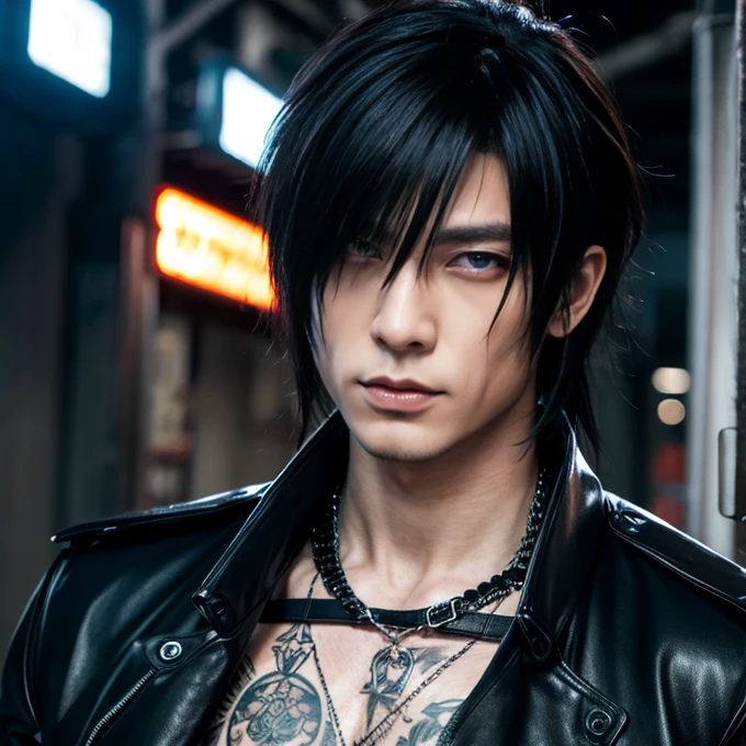 realistic style: round face, emo/goth man with short hair, with bright red eyes, long goatee and serious and intimidating expression, wearing leather clothing, muscular