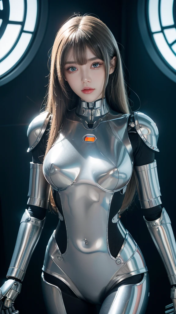  top quality,  high detail, 4K, human,  Robot Girl , (metal),  & Titanium Leather, Robot face(With human Features),  cybernetic eye (Hard skin around the eyes, Clear pupils),  1 girl , formal, perfect hand(5 fingers), wig(False hair), Big Breasts,  Bionic Armor, whole body, whole body, Masterpiece Body,