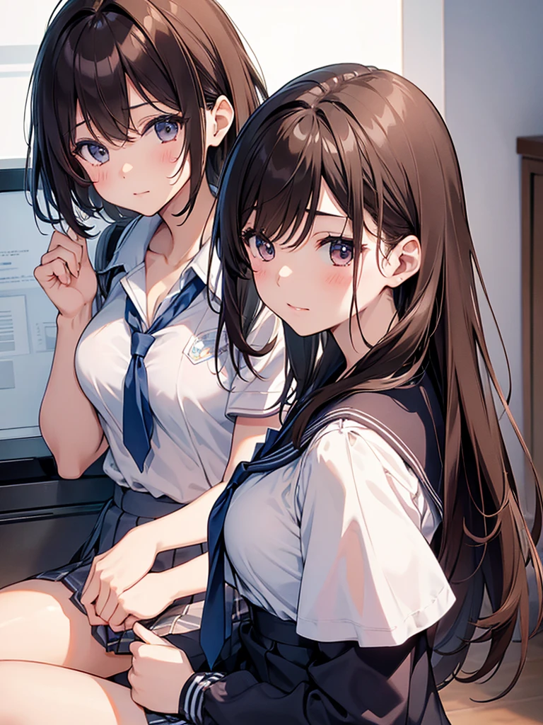 NSFW Tohsaka Rin, Aqua Eye, (Black Hair:1.5), hair ribbon, Long Hair, ribbon, Side Lock, Both sides up, (Parted bangs:1.5), break (brown Sweater vest:1.2), collared shirt, Homurahara Academy uniform, neck ribbon, red ribbon, ribbon, , shirt, Sweater vest, white shirt, break indoors, classroom, break looking at viewer, (Cowboy Shot:1.5) break (masterpiece:1.2), Highest quality, High resolution, unity 8k wallpaper, (figure:0.8), (Beautiful attention to detail:1.6), Highly detailed face, Perfect lighting, Highly detailed CG, (Perfect hands, Perfect Anatomy), Sit on a chair Cute white panties Spread your legs Spread your legs