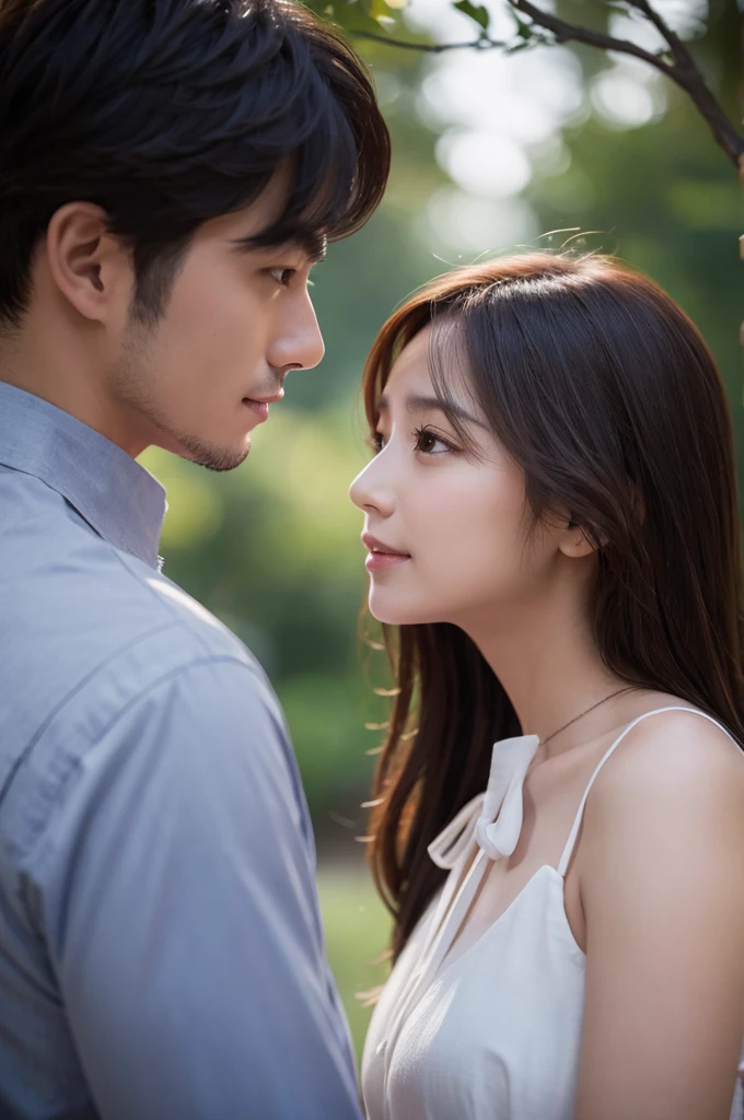 masterpiece, best quality, {best quality}, {{masterpiece}}, {high resolution}, {{{Field Field}}, extremely detailed couple, illustration, couple, 1 boy, 1 Girl, couple, like, like, Romantic, Clear focus, Male focus, feMale focus, Black Hair, Violet eyes, sun, sunlight, Lifting, surprise, envy, t-shirt, Men's Casual Wear, Poker face, Women's Fashion, Dungeons, adventurer, Fairy
