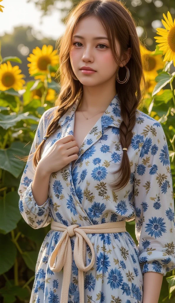 woman wearing a modern A model poses confidently, wearing a stylish wrap dress adorned with a blue and beige floral pattern. The dress features long sleeves and a cinched waist, secured with a beige belt. She has striking makeup and large hoop earrings, with her hair styled in neat braids. The background is a sunflower garden, neutral tone that complements the outfit. full body
