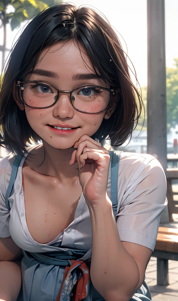 18 years old girl, (((at park))), (transparent white shirt), (wet shirt), (mini skirt), (light blue skirt), RAW photo, (photorealistic:1.37, realistic), highly detailed CG unified 8K wallpapers, 1girl, ((slender body:1)), (small breasts:1.3), looking at viewer, ((straight from front)), (HQ skin:1.2), (clean skin:1.2), 8k uhd, dslr, soft lighting, high quality, film grain, Fujifilm XT3, (full body:0.8) , tokyolagii , (bold glasses), full body in, perfect body, two legs, long legs, naval, (wide waist:1.2), (big tigh:1.3), (cleavage:0.9), sad, blushing