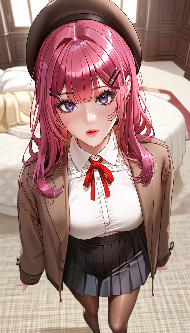 (masterpiece, best_quality:1.2), 1girl, solo, Yoo Eunhee, long hair, red hair, purple eyes, purple hair, grey eyes, pink hair, (black beret, hairclip, red ribbon, neck ribbon, brown jacket, long sleeves, white shirt, collared shirt, pleated skirt, black skirt, brown pantyhose), beautiful eyes, female focus, looking at viewer, ((above view)) ((close up shot)) ((solo)) detailed, very high resolution, no blurry image, standing, beautiful, elegant, serene expression, intricate details, detailed background, indoors:1.3