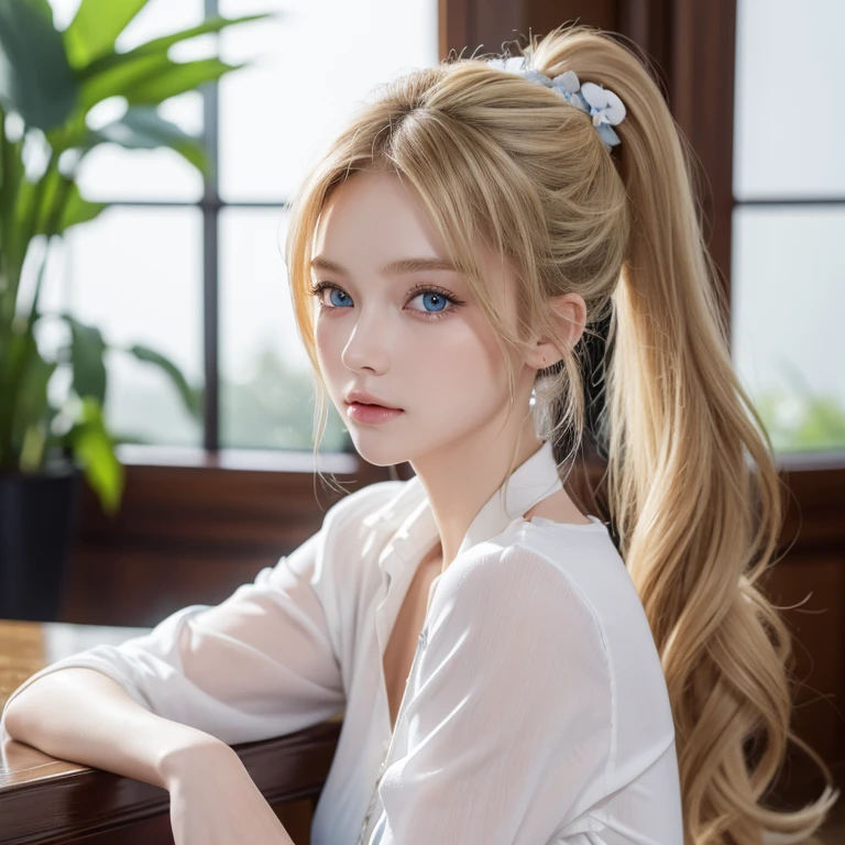 (masterpiece, absurdres,  high resolution, ultra detailed), 1 person,  wavy blond hair , aldult,  blue eyes , Ponytail, , beautiful face ,  casual outfit , charming, charming的,  meticulous eyes and face,