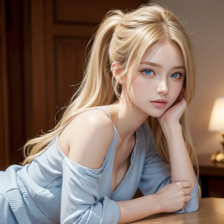 (masterpiece, absurdres,  high resolution, ultra detailed), 1 person,  wavy blond hair , aldult,  blue eyes , Ponytail, , beautiful face ,  casual outfit , charming, charming的,  meticulous eyes and face,