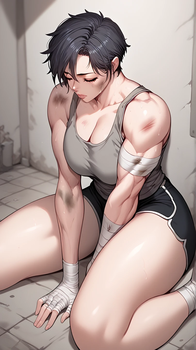 A huge tall muscular woman with black short hair, wearing dirty white tank top and shorts, being held in dirty jail, bandages on arms, bruises, eyes closed, head down, sitting on the ground