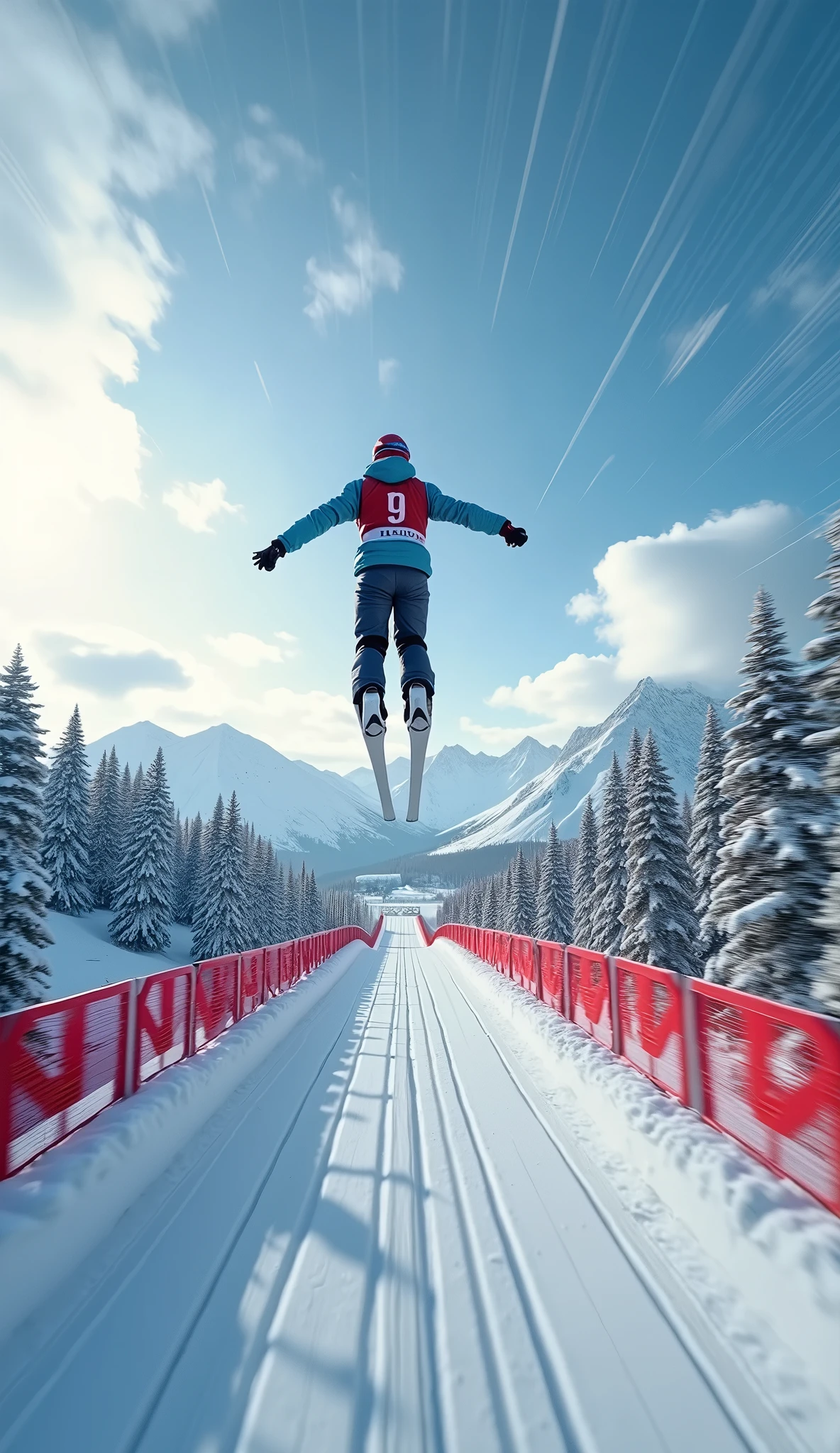 8k、16k,Swoop,Nordic ski jumping, ski jumping platform,Glide,( Athlete's Perspective ),( motion blur :2.0 ),Shot with go pro hero8