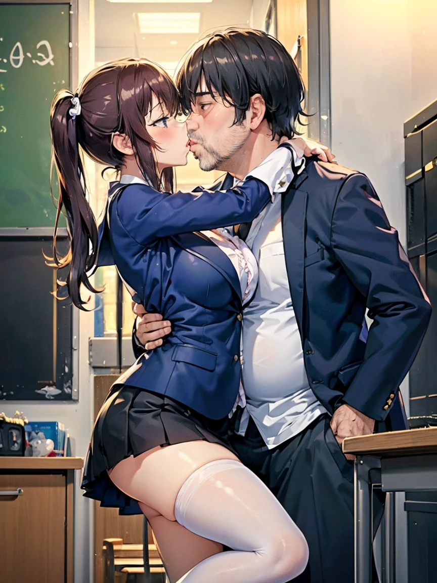 ( One Girl ,  fat middle-aged men who commit crimes until morning:1.2),   white shirt,  miniskirt, , ({{kissu), (),  office,  very detailed bust,  high definition , 4K, masterpiece,  high definition 、( my clothes are see-through :1.2)、 Twin Tails ,Big Breasts, Knee High Socks, high school girl, school uniform, navy blue blazer,