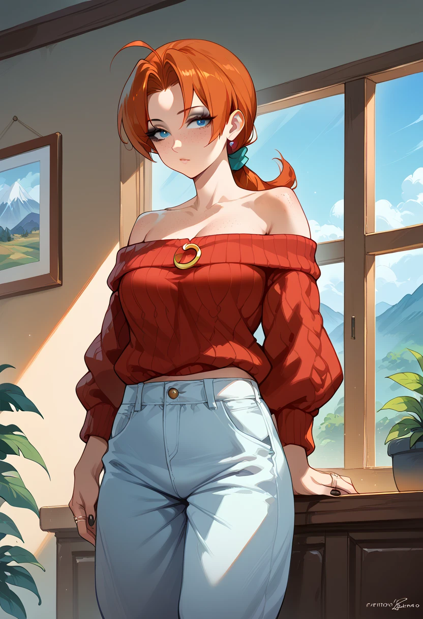 masterpiece, high definition , top quality,8k
(Delia Ketchum,mature woman, ginger Hair, elegant complexed ponytail, bored blue Eyes, freckles, sexy lips)
(rings, loose dark-red off-shoulder sweater, baggy pants, black makeup)
Sexy pose, teenage, big window, mountains