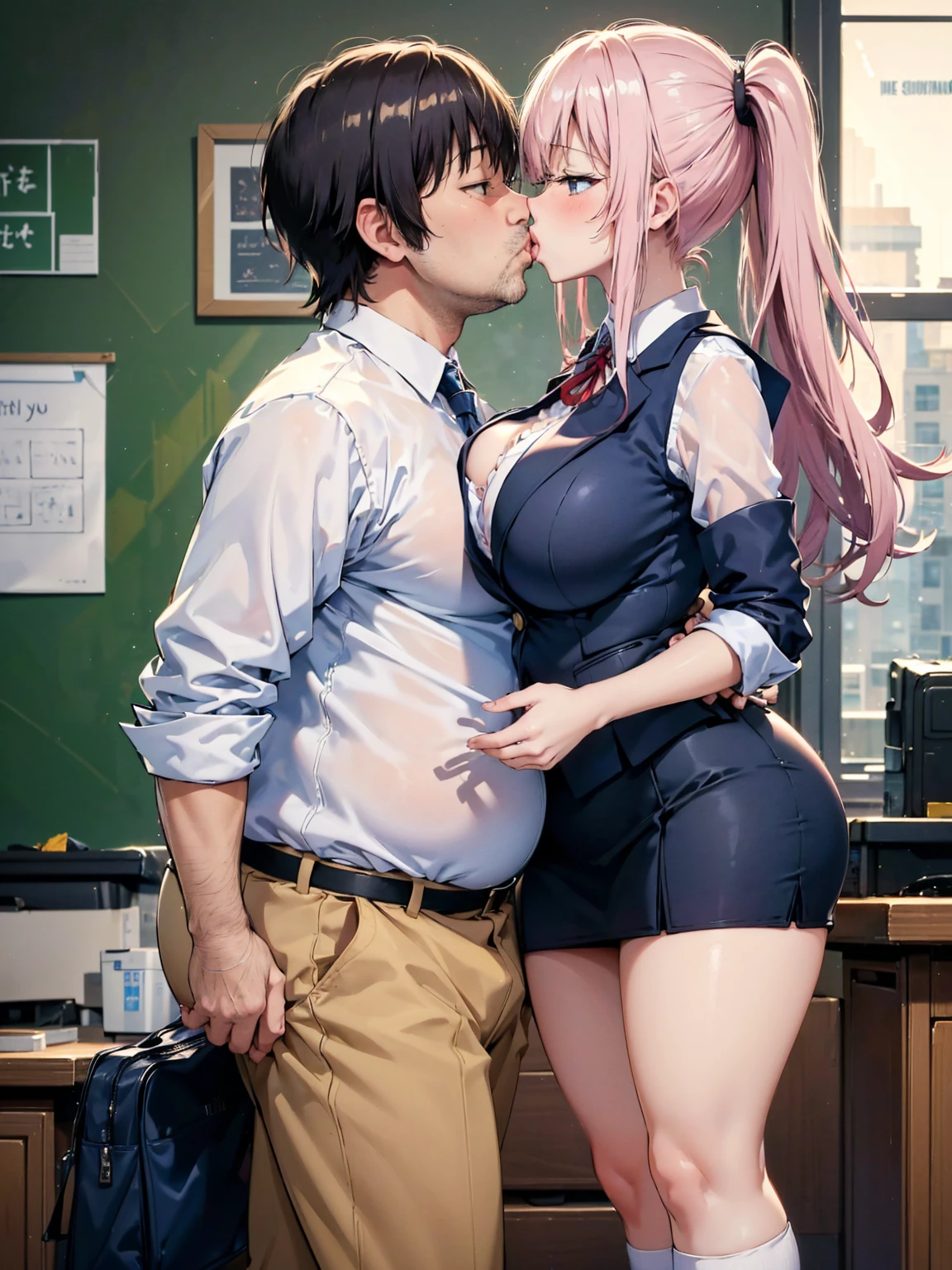 (One Girl, Fat middle-aged man:1.2), Torn pantyhose, White shirt, Pencil Skirt, blush, French kiss, hug, Big Breasts, office, Very detailed, High resolution, 4K, masterpiece, High resolution、(tears:1.4)、wall、Push down、Squat