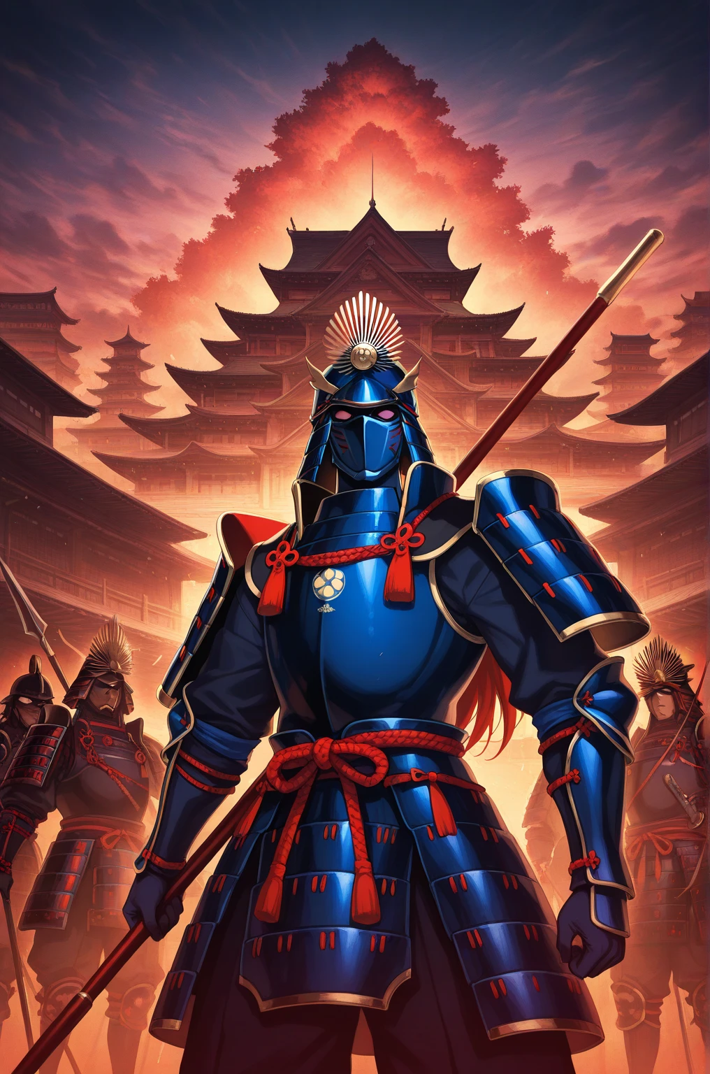  top quality,  Masterpiece,  highest resolution, (Traditional Japanese Samurai Armor), (Lancer_Fate), ( Japanese Castle_background),armor,Kufulin，Blue Ninja_male,4K, (Alone), holds a spear,(whole body), anime style ,( Nobunaga's Ambition with a tin cane illustration style),  Hyper Detailed , ( intricate details ),