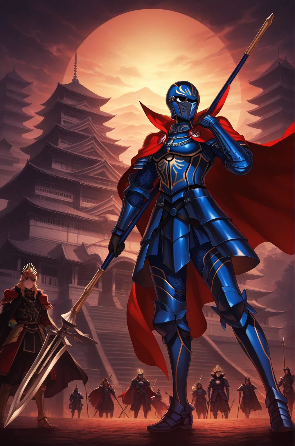  top quality,  Masterpiece,  highest resolution,  (Lancer_Fate), ( Japanese Castle_background),armor,Kufulin，Blue Ninja_male,4K, (Alone), holds a spear,(whole body), anime style ,( Nobunaga's Ambition with a tin cane illustration style),  Hyper Detailed , ( intricate details ),