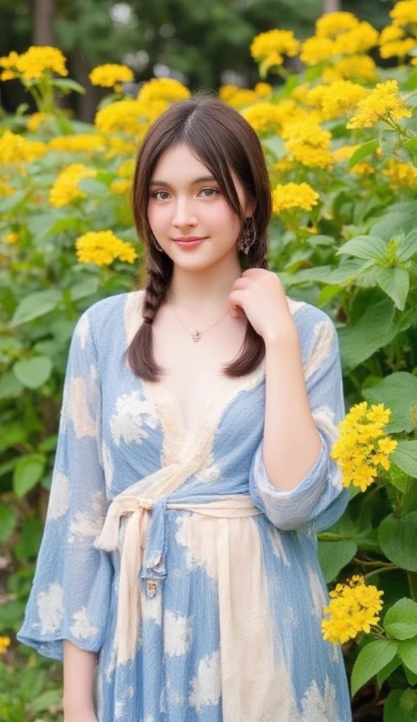 a woman muslim wearing a white hijab modern A model poses confidently, wearing a stylish wrap dress adorned with a blue and beige floral pattern. The dress features long sleeves and a cinched waist, secured with a beige belt. She has striking makeup and large hoop earrings, with her hair styled in neat braids. The background is a sunflower garden, neutral tone that complements the outfit. full body
