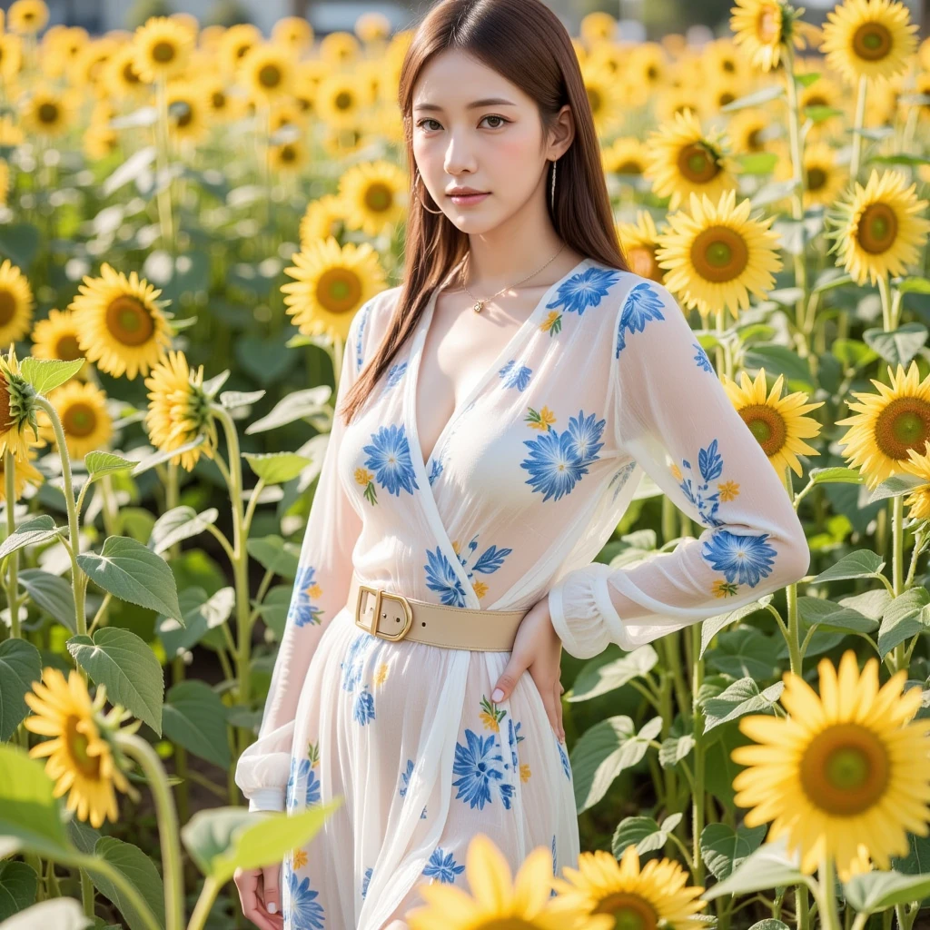 woman wearing a modern A model poses confidently, wearing a stylish wrap dress adorned with a blue and beige floral pattern. The dress features long sleeves and a cinched waist, secured with a beige belt. She has striking makeup and large hoop earrings, with her hair styled in neat braids. The background is a sunflower garden, neutral tone that complements the outfit. walks through a dense field of wildflowers. A sheer white dress that flows and reveals some of her breasts. Light pink cheeks that make her cheeks stand out. A thin layer of glossy lipstick on her full lips. Perfect blue eyes with light eyeliner. Her hair is tied back. The image of beauty. The sunlight shining from behind creates a silhouette style photo. Full body.