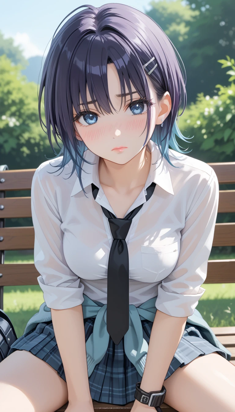 score_9, score_8_up, score_7_up, rating_explicit, source_anime, masterpiece, best quality, delicate illustration, sharp line, sharp focus,from front,face focus:1.5,BREAK,

Toru Accra, Toru Asakura, Blue hair, earrings, Gradient Hair, multicolored hair, Parted bangs, Purple hair,1 very cute  girl,turime,seductive anime girl,  Very detailed hair description:1.5,Medium Hair:1.5,(hair between eyes:0.7),put hair over ears:1.5,ears:1.5,thin eyebrows:1.5,long eyelashes:1.5,Sharp Eyes:1.5,round Eyes:0.7,turime:1.7,Beautiful Lashes, Soft Lips,pink lips, (Medium breasts:1.3) , very pale skin,model body shape:1.3,BREAK,(red cheek,nose blush),

(white shirt , Long Sleeve),Break Cardigan, Cardigan around the waist, clothes around waist, loose necktie, Open collar, Plaid, plaid skirts, Pleated skirt, School uniform, Skirt, sleeves rolled up, 
black rubber hair clip on wrist,black tie,BREAK,


nrfw,the 1girl , sad,(troubled eyebrows:1.5,) ,BREAK,

NSFW,sit on a bench:1.5,spread legs:1.5,hand between legs:1.5,forward bending posture:1.7,

beautiful park, sunset lit coming in:1.5, nonlooking at viewer:1.5,